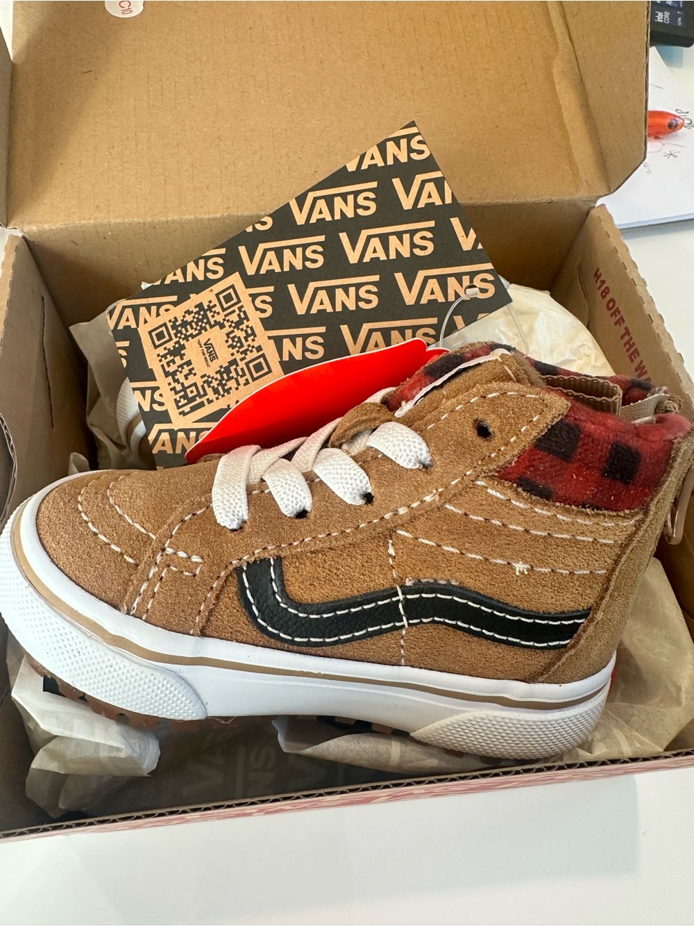Vans Kids Brown Suede High-Top Sneakers with Black Stripe and Red Plaid Collar